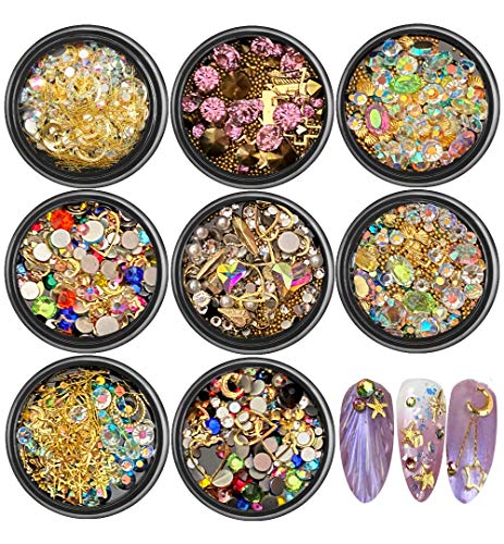 8 Boxes Mix-shape Nail Art Supplies, Metal Nail Studs Colorful Rhinestones Nail Art Crystals Beads Gems Nail Rivet Set for Nail Art Decorations and DIY Craft