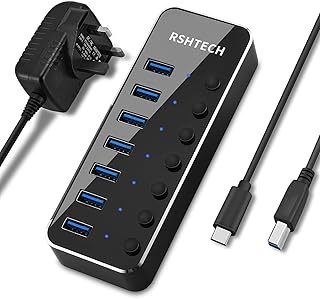 USB 3.0 Hub Powered RSHTECH USB C to 7-Port USB 3.0 Hub with Individual On/Off Switches with 5V/2A Power Adapter (RSH-518C)