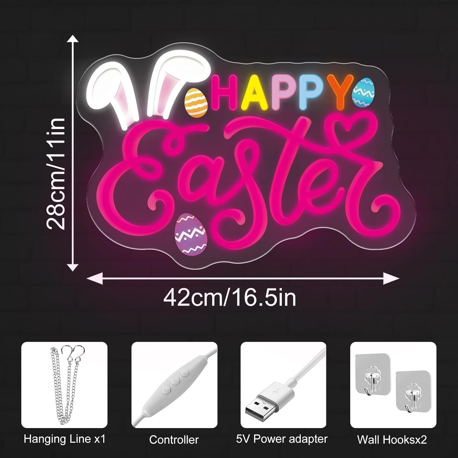 Happy Easter Neon Sign Easter Decor for Home Wall Window Porch, Spring Holiday Party Decoration for Kids Family Classroom, Dimmable LED Spring Wall Decor USB Powered 16.5"x11"