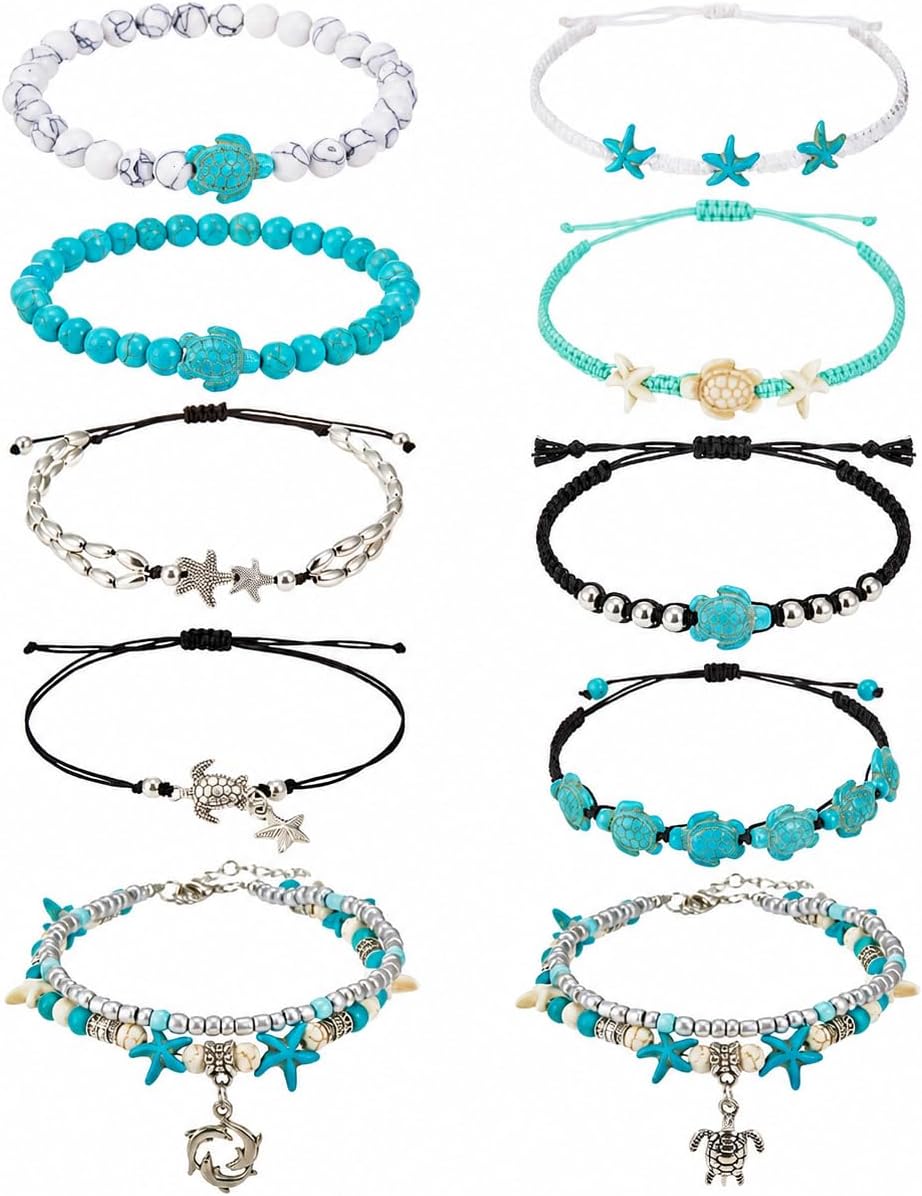 10 Pcs Sea Turtle Bracelets Ankle for Women Adjustable Starfish Turtle Bracelets Boho Jewelry Set for Summer Trips