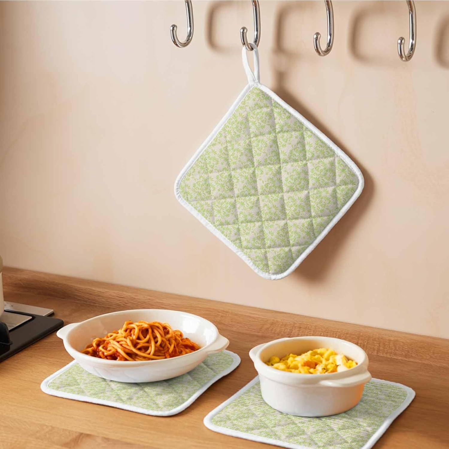 5 Pack Pot Holders for Kitchen, Green Boho Hot Pads for Kitchen Countertops Oven Pot Holder Bulk, Vintage Abstract European Floral Pattern Heat Insulation Potholders with Hanging Loops