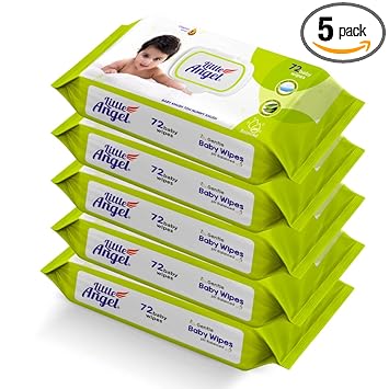 Little Angel Super Soft Cleansing Baby Wipes Lid Pack, 360 Count, Enriched with Aloe vera & Vitamin E, pH balanced, Dermatologically Tested & Alcohol-free, Pack of 5,72 count/pack - image, photos