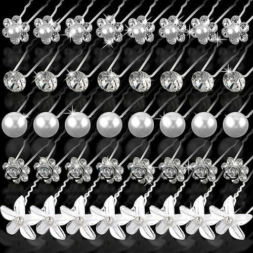 40 Stück Hochzeit Braut Haarnadeln Silber Perlen Strass Haarschmuck Kristall Blume Hochzeit Brautschmuck Damen Mädchen Kommunion Haarschmuck
