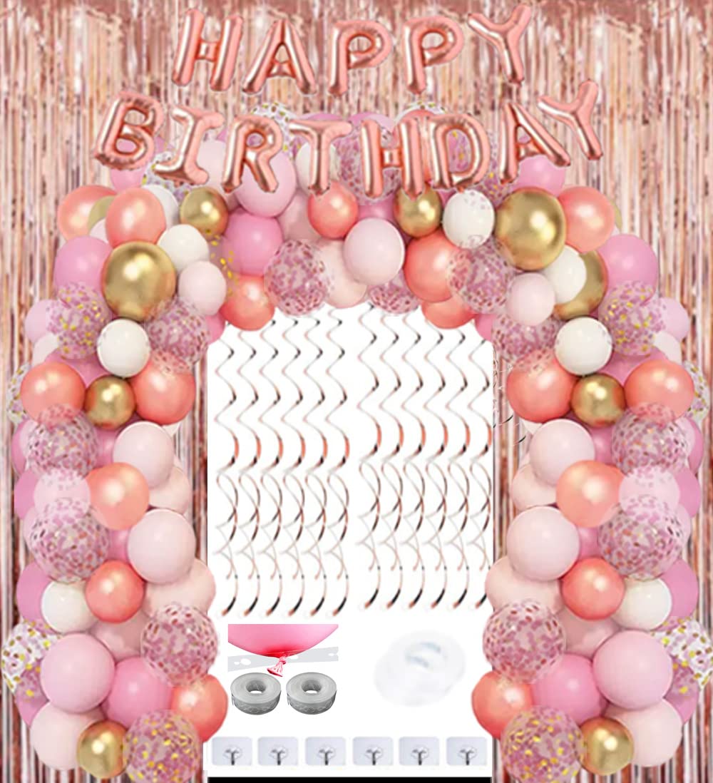 NwayHappy Birthday Decoration Balloons Set For Girls Kids Women - Pink, Rose Gold - Latex Balloons, Foil Curtains, Banner, Arch & Garland Kit - 147 Pcs