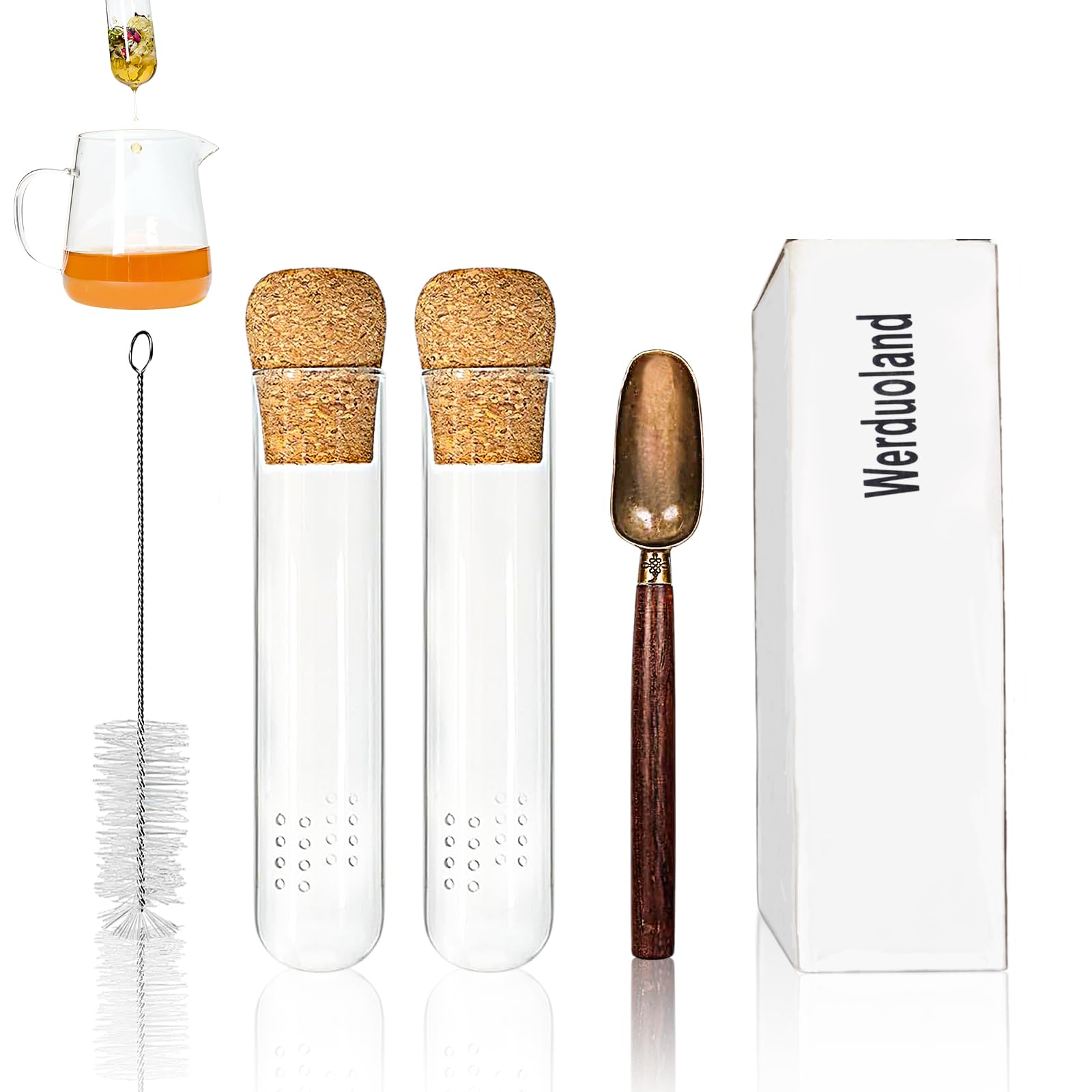 Werduoland 2 PCS Glass Tea Infusers for Loose Tea——Reusable Round filter holes Tea Glass Strainers with Cork Lid & Teaspoon & Cleaning Brus