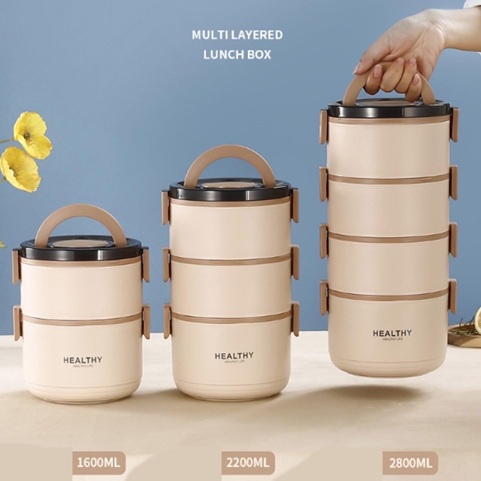 Scatola Bentos in acciaio inossidabile 304 con pentole interne staccabili e set di posate, contenitore per alimenti per i pendolari quotidiani, contenitore termico per il pranzo con manico