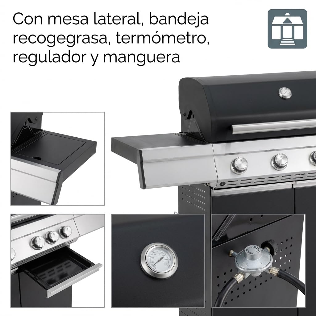 Tarrington House Barbacoa de gas Paxton de 4 + 1 Quemadores, Acero/Acero Inoxidable, Tapa con Termómetro, Mesa Auxiliar, Ruedas, Negro