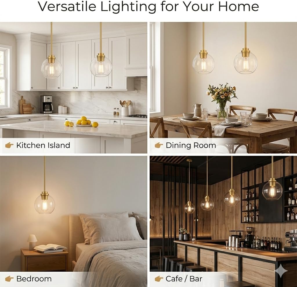 Gold Pendant Light – 7 Inch Clear Glass Farmhouse Hanging Fixture, Adjustable Height & Sloped Ceiling Compatible for Kitchen Island Dining Room Entryway Bedroom Hallway, 1 Pack