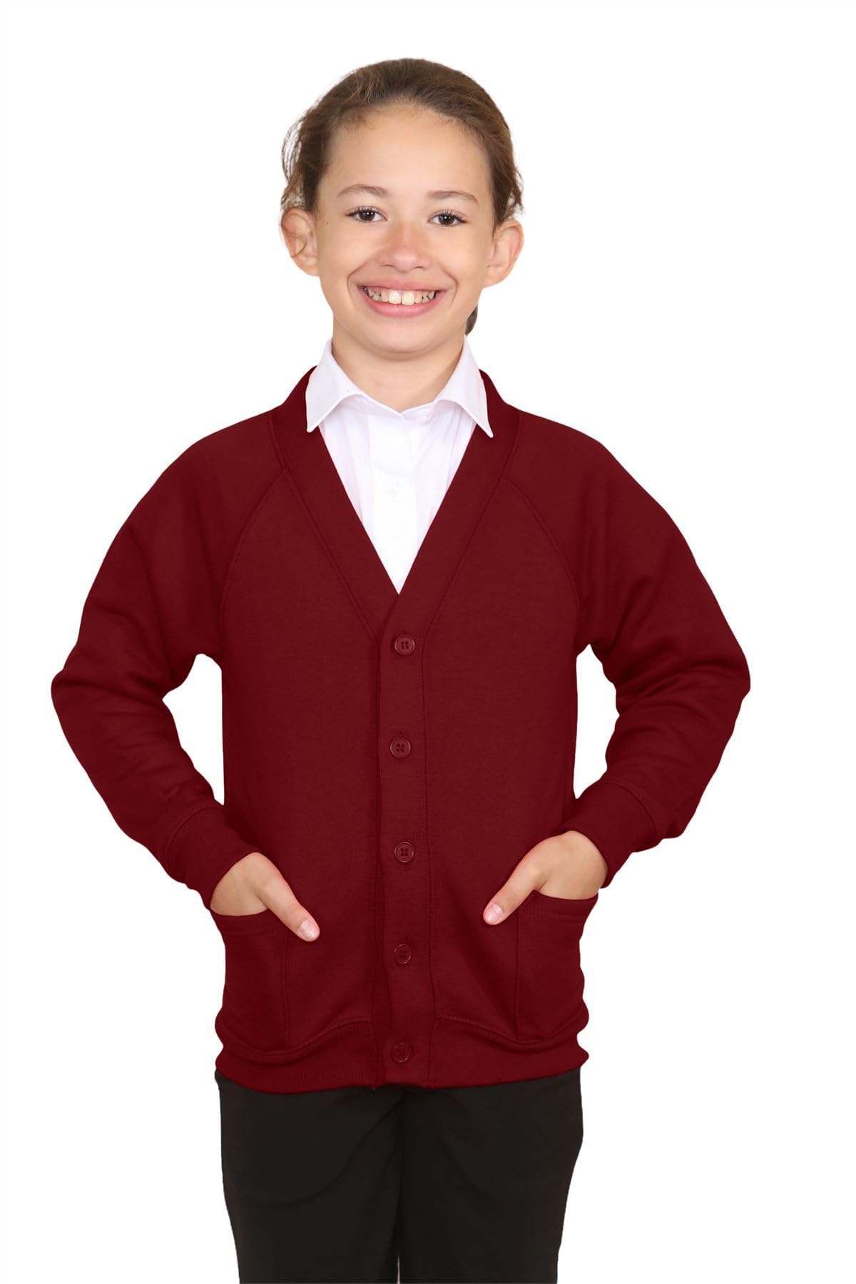 janisramone Cardigan per uniforme scolastica per ragazze e ragazzi, tinta unita, unisex, a maniche lunghe, con scollo a V, maglione con bottoni con tasche frontali, cardigan scolastico casual per