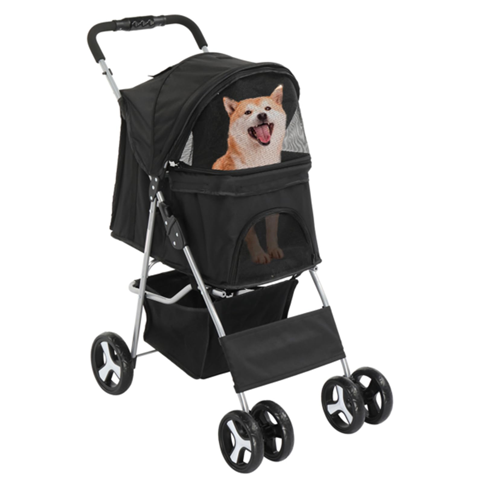 4-Wheel Dog Stroller Pet Stroller Pet Supplies with Rainproof Cover Cup Holder Foldable and Removable Pad Aluminum Tube