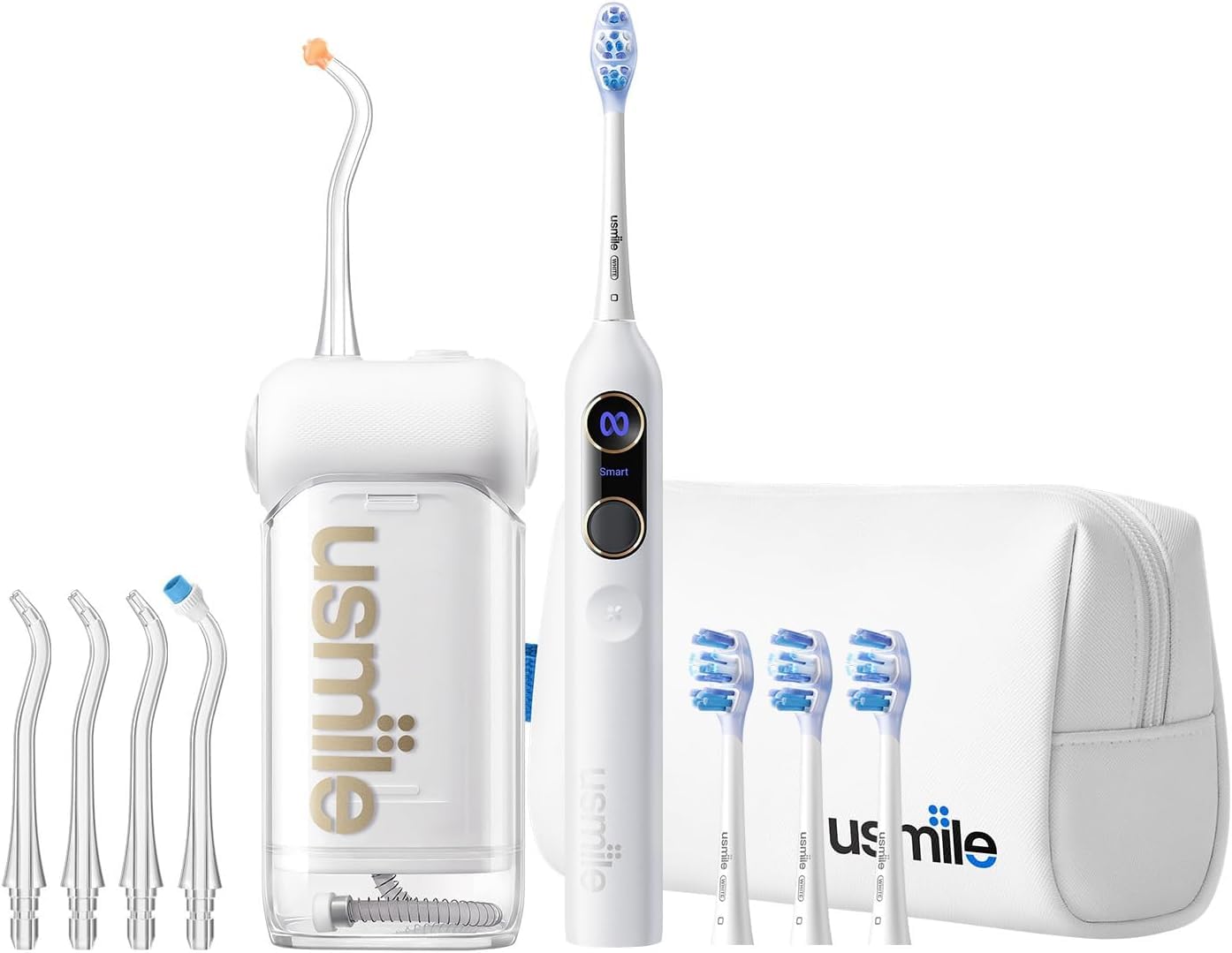 【Paquete 5 en 1】 Irrigador Bucal Portátil usmile C10, Cepillo de Dientes Eléctrico Inteligente con IA Y20 PRO (Blanco), Boquillas Tipo S, Cabezales de Repuesto y Estuche de Viaje – Set Completo de Cui