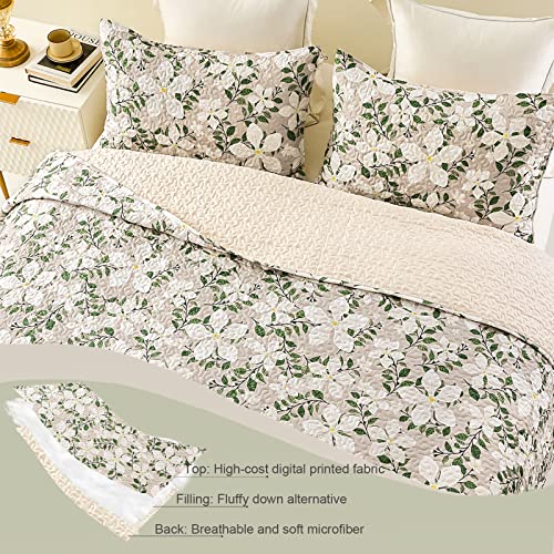 Whale Flotilla Reversible Floral Quilts Full Queen Size, Lightweight Boho Printed Bedspreads Coverlets Quilt Bedding Set with 2 Pillow Shams for All Seasons, White/Bone