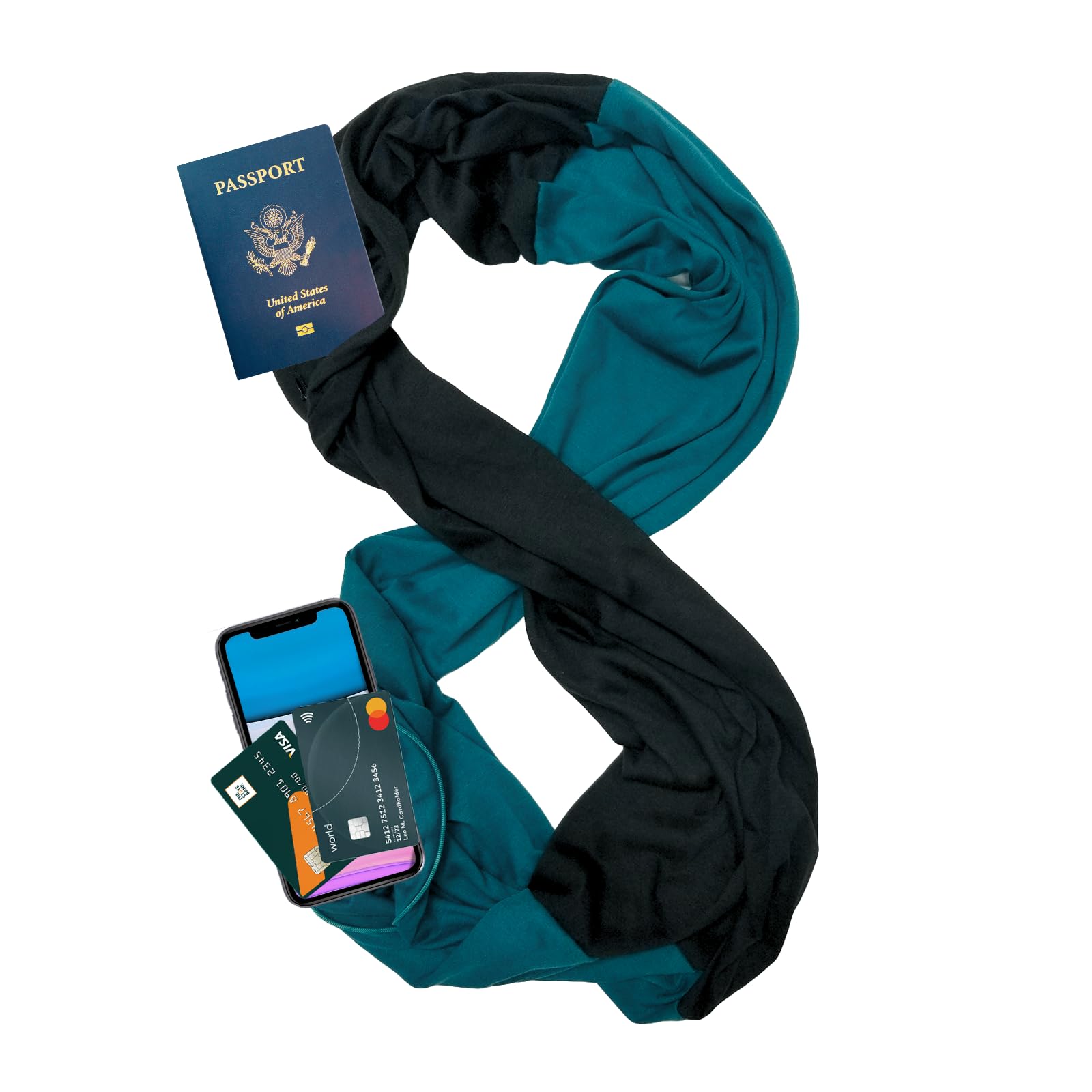 elzama Travel Scarf 2 Hidden Zipper Pocket for Women, Infinity Loop Scarf with Double Zip Pockets, Neck Wrap, Dual Color, 05 Black-teal Blue, Regular Size