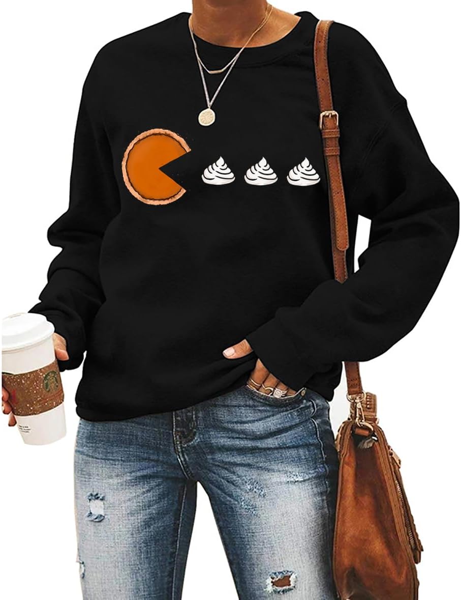QIANRUO Pumpkin Pie Sweatshirt Women Casual Long Sleeve Thanksgiving Pullover Sweater Thankful Gift Shirt Fall Pullover Tops