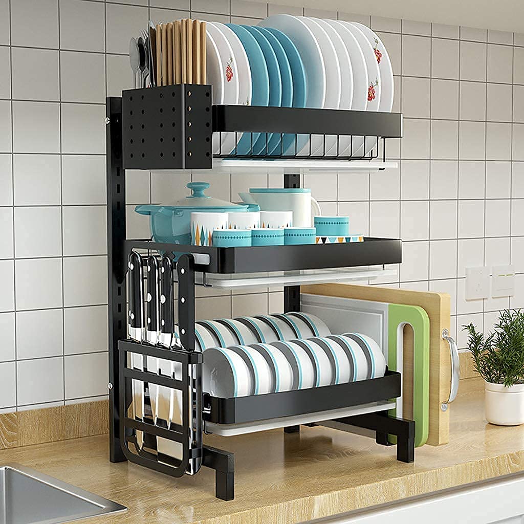 OGMOYT Dish Rack 3 Tier Black 201 Stainless Steel Kitchen Countertop Dish Drying Rack Drain Rack Tableware Drainer Organizer 36 * 29 * 61.5Cm Anti-Rust