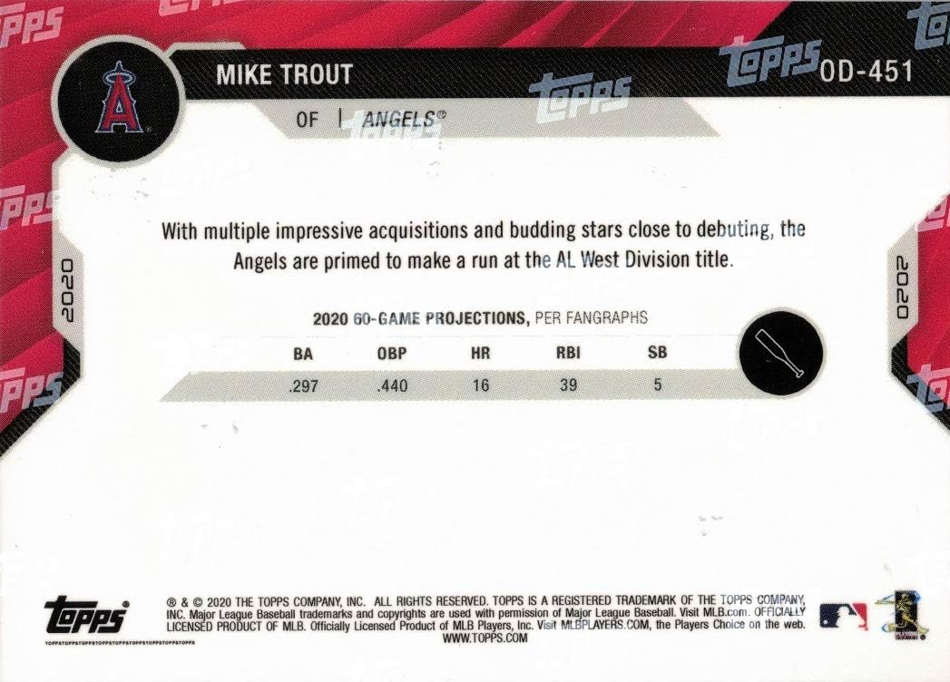 2020 Topps Now Summer Camp #OD-451 Mike Trout Wearing Mask Baseball Card - Only 3,628 made!
