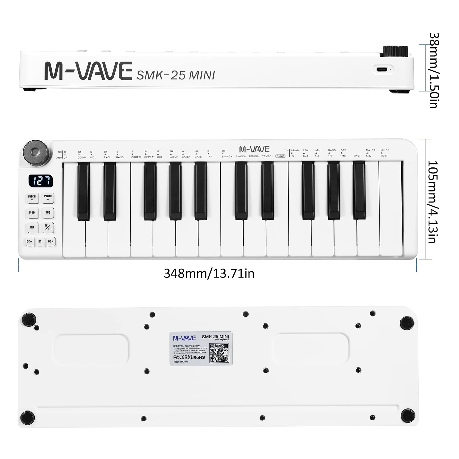Btuty 25 Teclado MIDI Recargable Teclado de control MIDI de 25 teclas Teclado USB portátil Controlador MIDI con 25 teclas sensibles a la velocidad 1 perilla