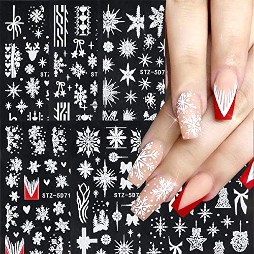 6 Sheets Christmas Snowflake Nail Art Sticker Decals Winter Nail Supplies 5D Self-Adhesive Nail Stickers White Snowflakes for Acrylic Nails with Xmas Tree Star Elk Ball Ribbon Design Manicure Slide