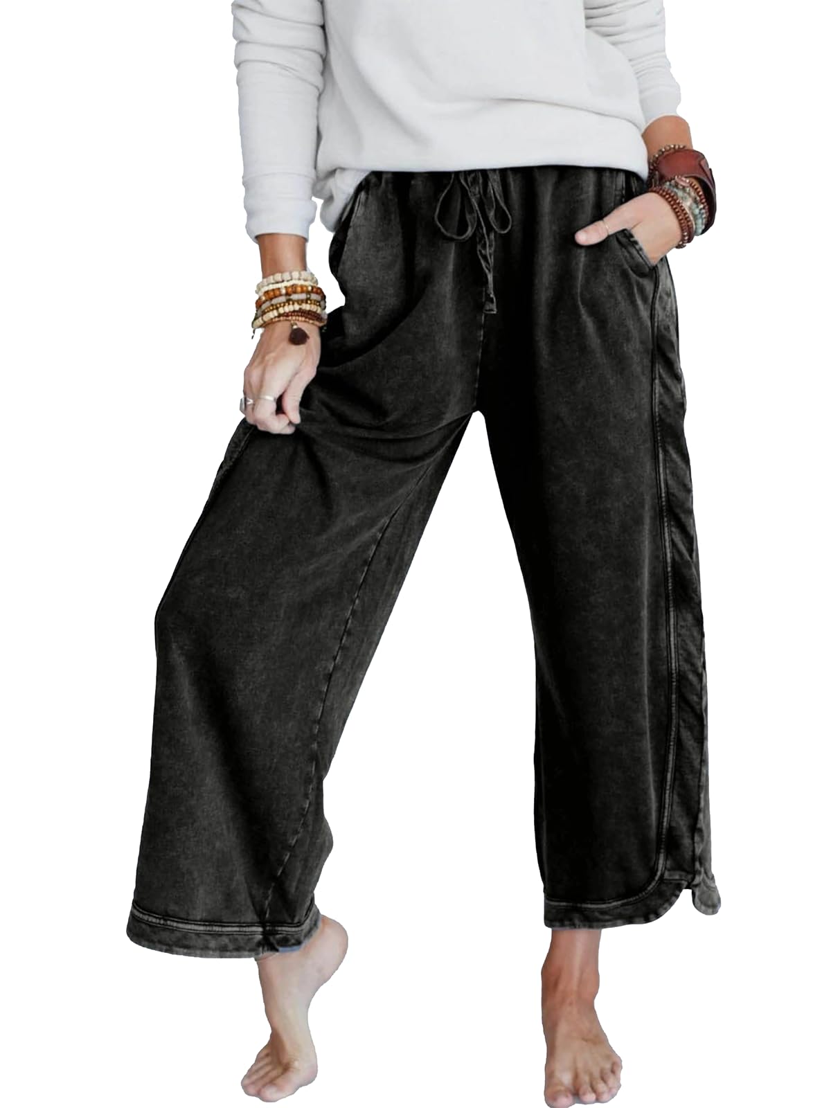 Gnveub Women's Yoga Pants Lightweight Wide Leg Sweatpants High Waisted Drawstring Loose Lounge Pant with Pockets