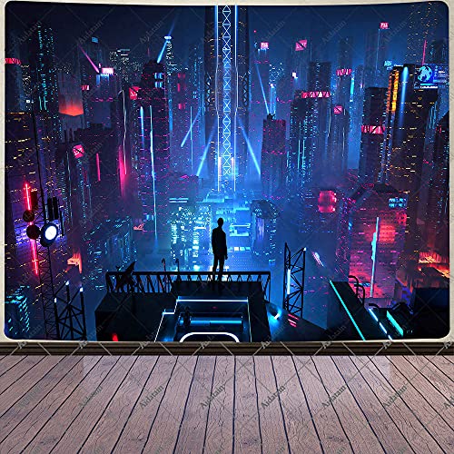 Aidatain Punk Cityscape Tapestry Skyscrapers Skyline 3D Urben Building Neon Lights Night Wall Hanging Tapestries Flannel Large Size 80