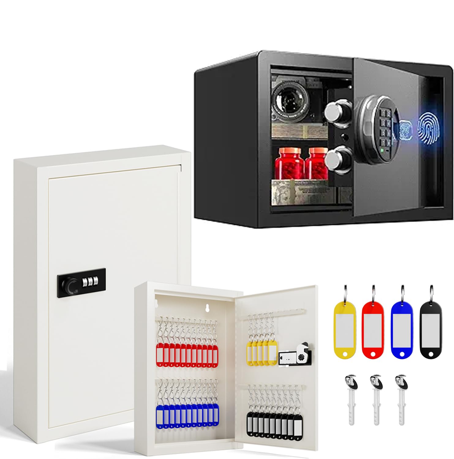 Biometric Safe Box - (0.80 cu. ft.) Fingerprint Safe with Silent Mode and Key Lock Box with Code, Key Box Wall Mount for Home, Office, 40 Key Tags & Hooks, Resttable Combination Lock(Beige, 40 Keys)