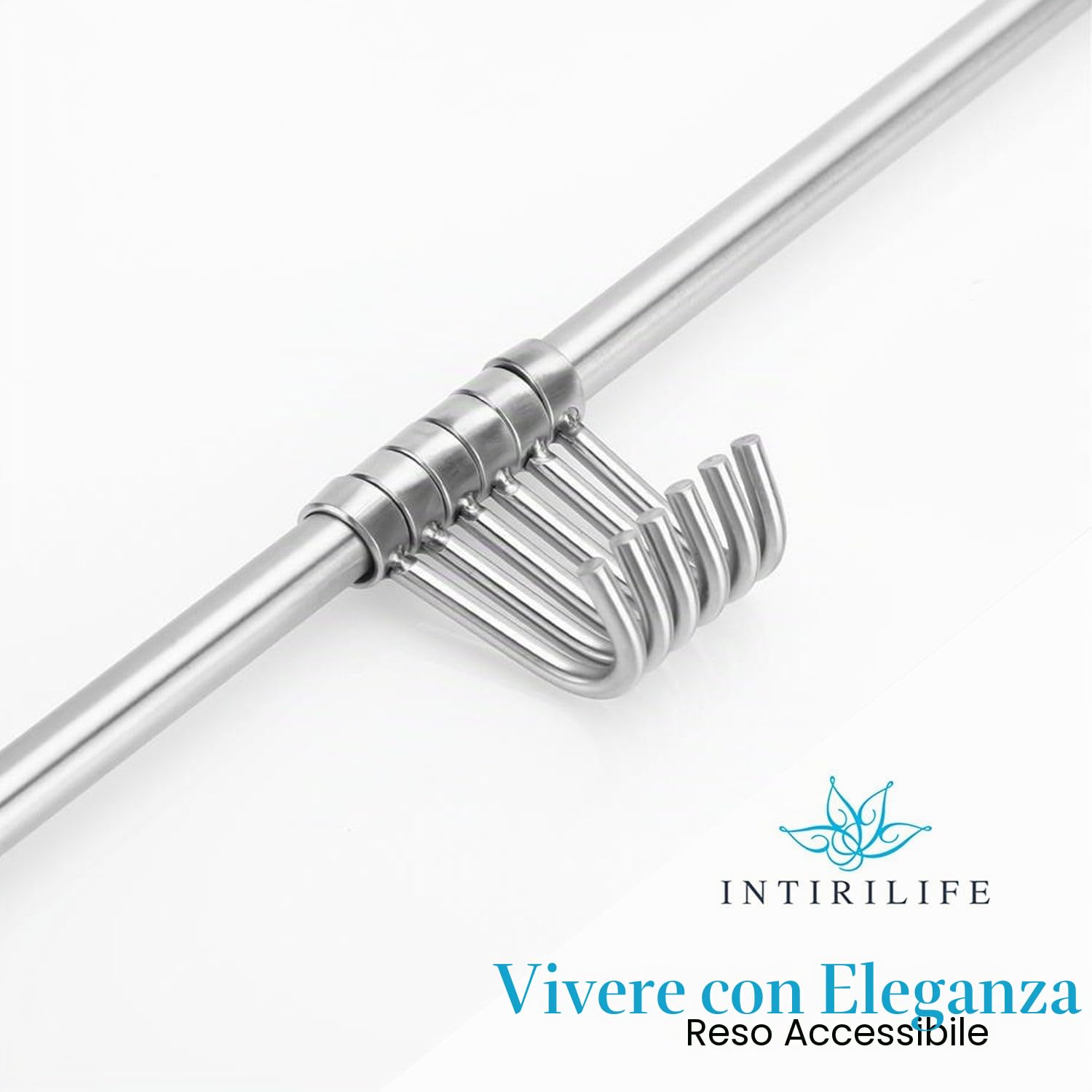 Intirilife Appendiabiti per la Cucina in Acciaio Inox con 6 Ganci mobili da forare - 35.8 x 3.4 x 2.2 cm - ringhiera Cucina Gancio Porta Utensili Cucina Asta Porta Bicchieri da Parete