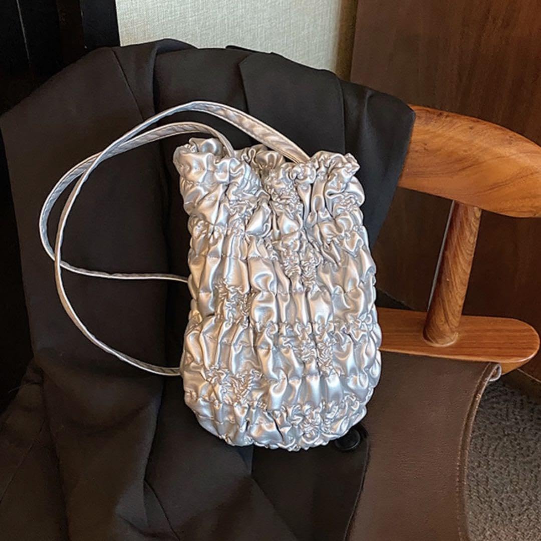 Amazon.co.jp: ギャザー バケット バッグ シルバー 銀色 お出かけ 個性