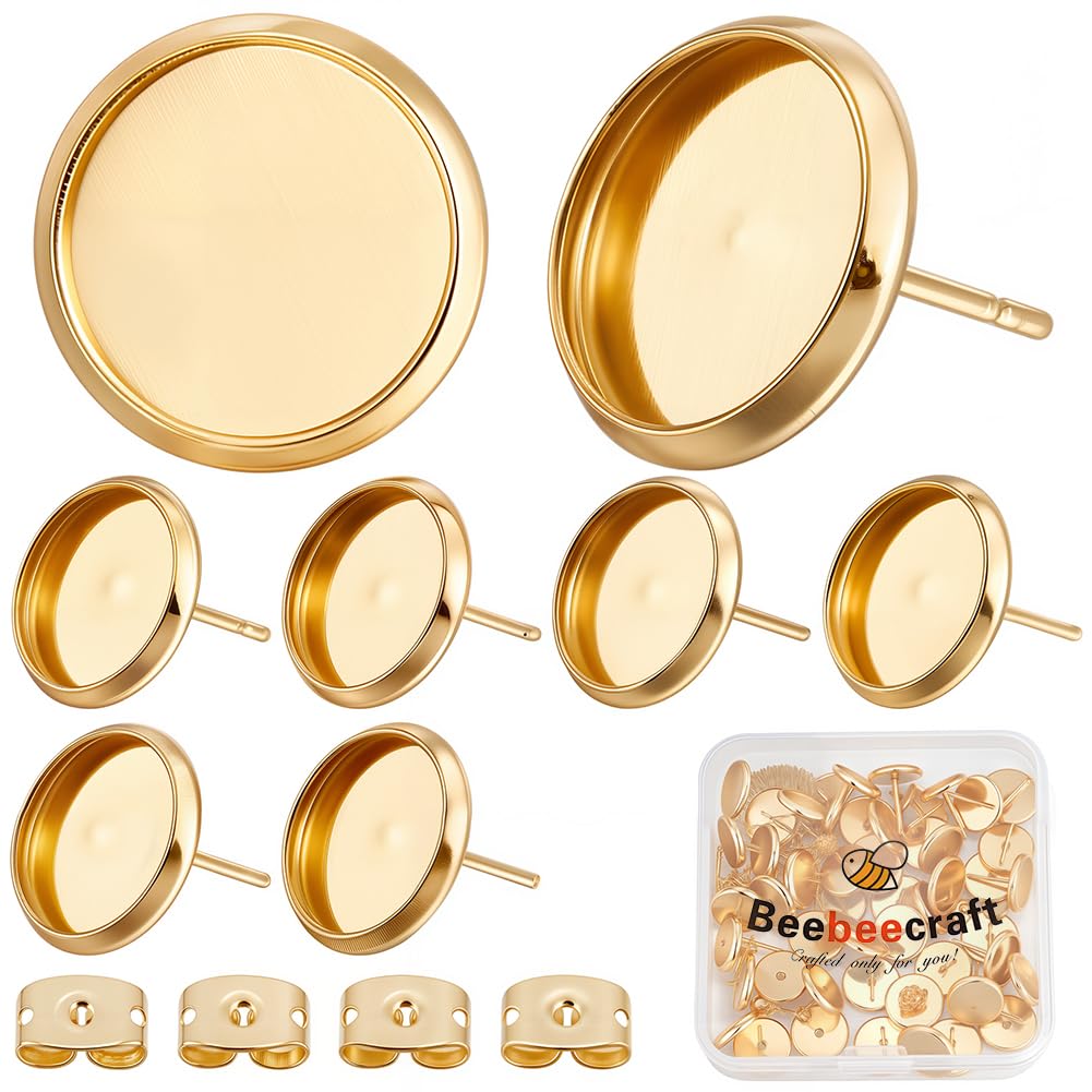 Beebeecraft 20Pcs Cabochon Earring Settings 18K Gold Plated 304 Stainless Steel Stud Earring Blanks Bezel Base Cup Post Findings for Jewellery Making, Tray 10mm — image 1