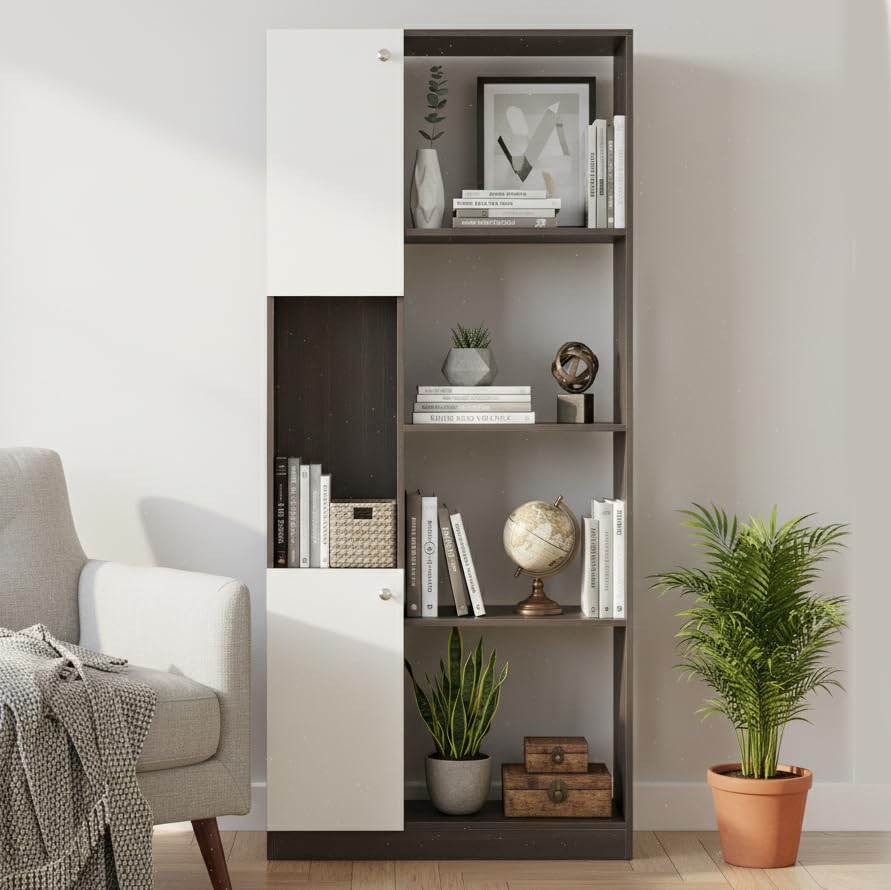 Image of FURNEASER Bookaura Wooden Bookshelf with Doors, Multipurpose Bookcase Storage Organizer for Living Room Modern Wooden Book Shelf Cabinet, Display Rack for Books & Decor (Wenge & White)
