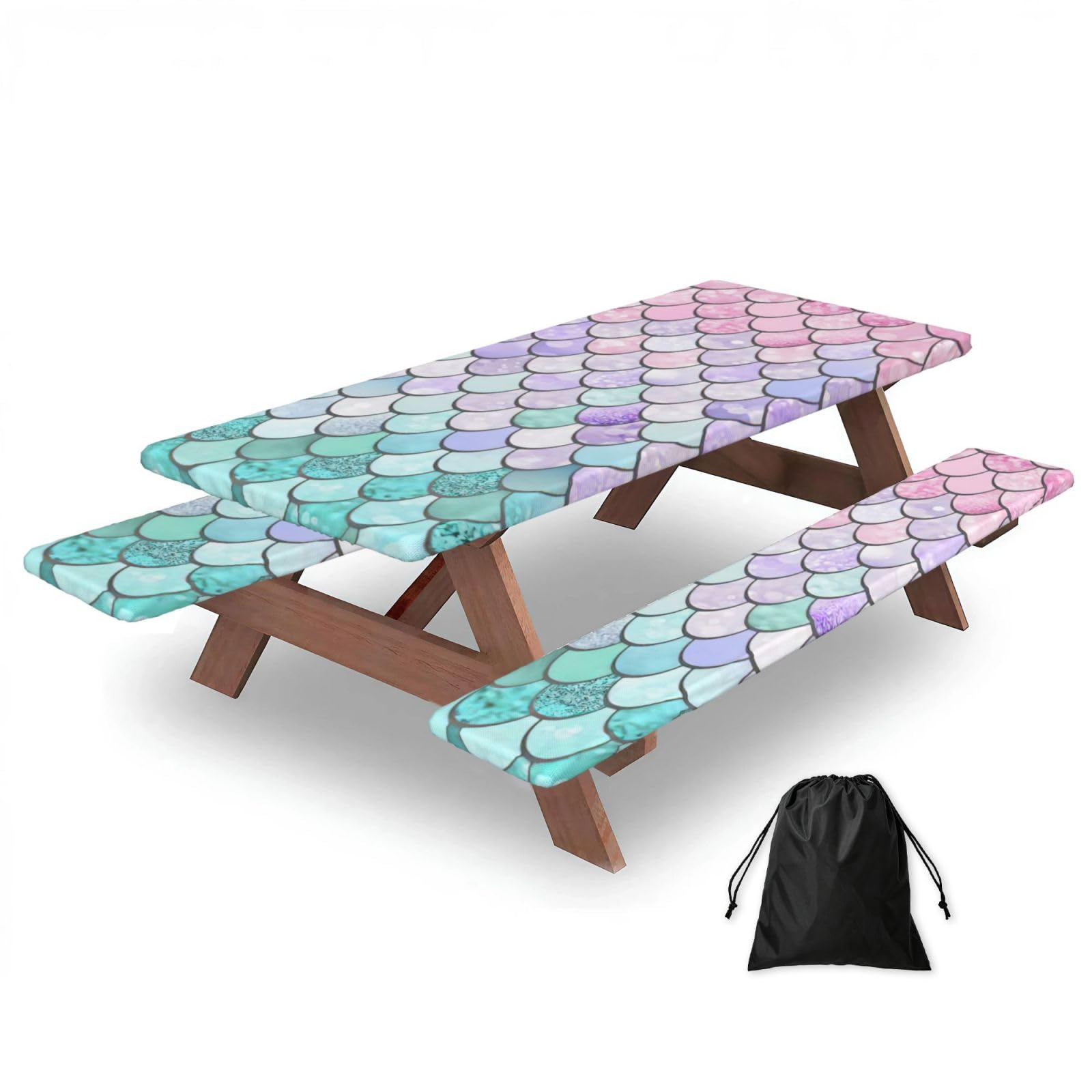 AYYQWE Mermaid Pastel Pink Purple Aqua Tea Print Picnic Table Bench Cover Outdoor Garden Party Decor Daily Accessory Gift