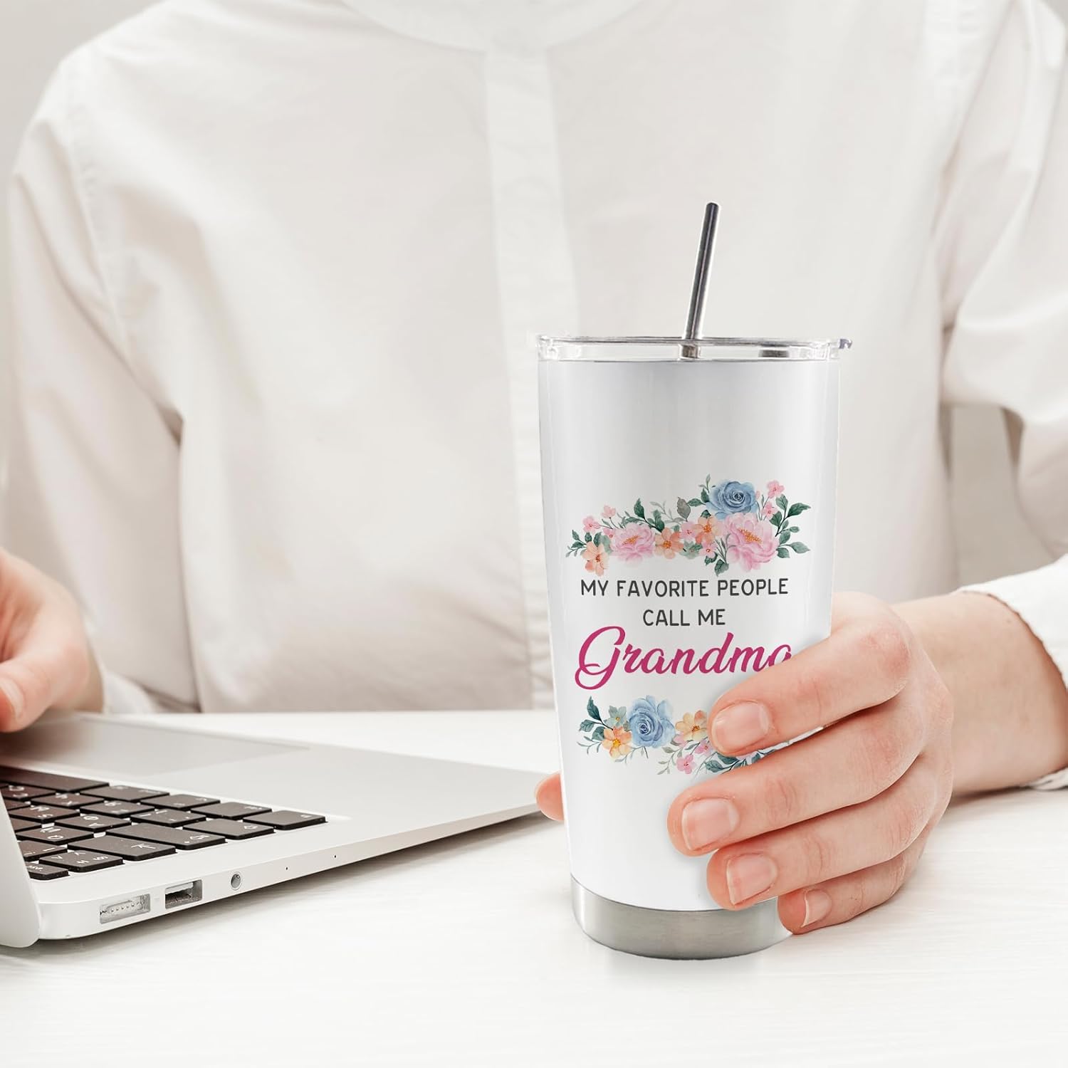 Grandma 20oz Travel Coffee Mug Tumbler, Mother's Day Birthday Gifts from Grandkids,My Favorite People Call Me Grandma Floral Water Stainless Steel Tumbler with Lid and Straw Drinkware - Image 3