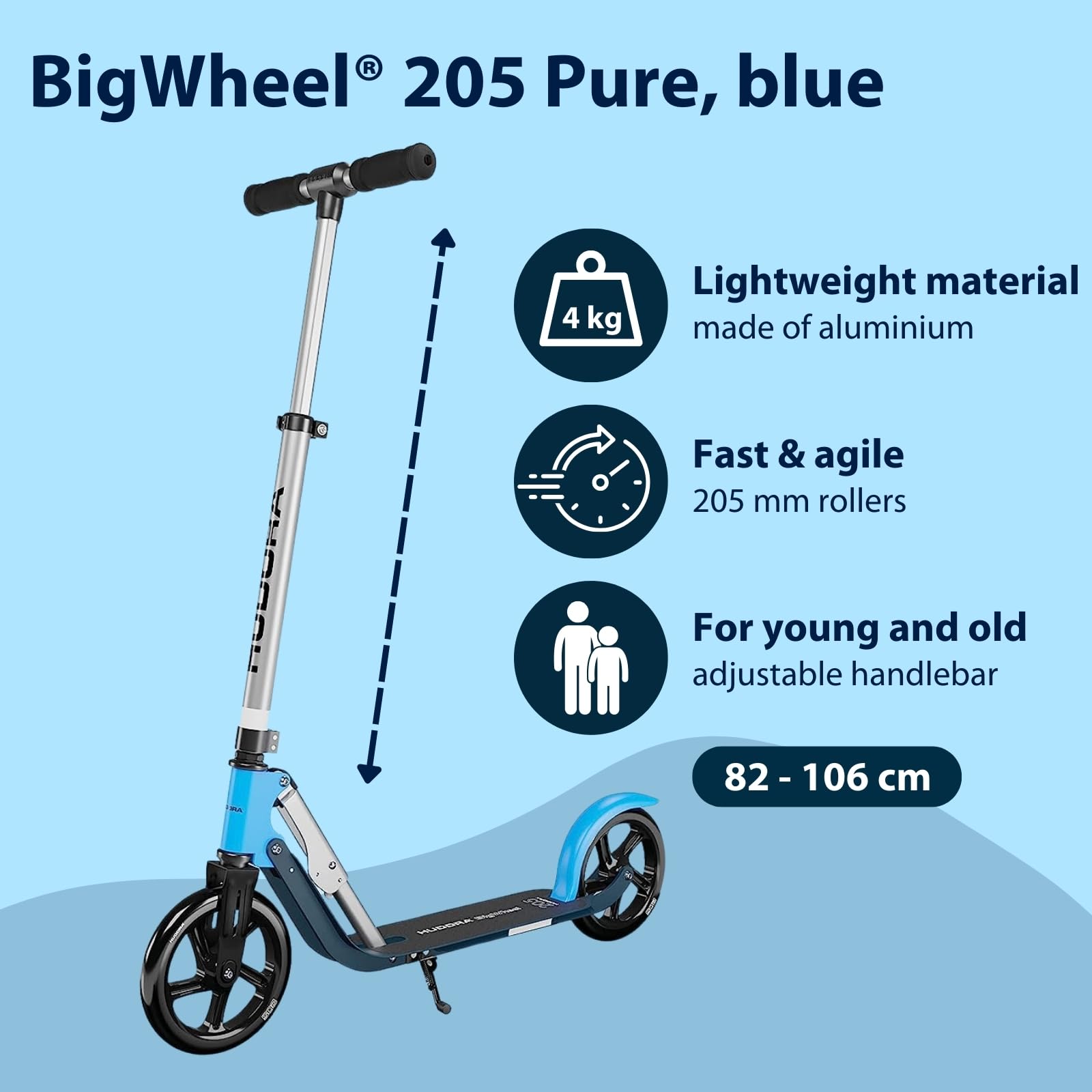 Hudora Uniseks Bigwheel 205 Pure 14318 Hulajnoga, Niebieski/Czarny, 82 do 106 cm