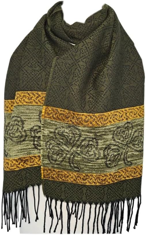 Ladies Celtic Scarf With Fringe, 45% wool and 55% chenille, Made in Scotland (Shamrock)