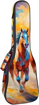23 Inch Concert Ukulele Case Backpack Oil Painting Running Horses Pattern Waterproof Ukulele Cover Padded Case