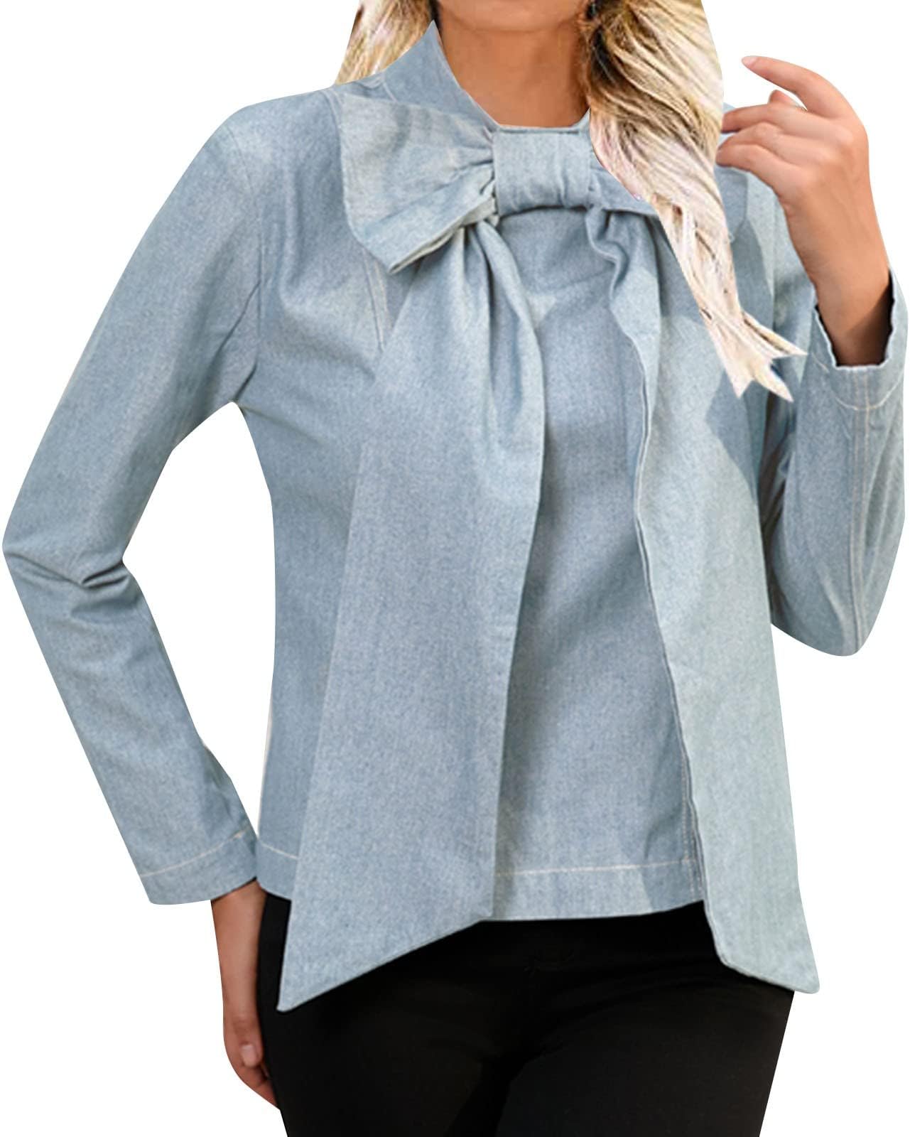 vermersLong Denim Jacket Women Womens Youth Denim Bra Chain Shirt Long Jeans Tunic Bow Top