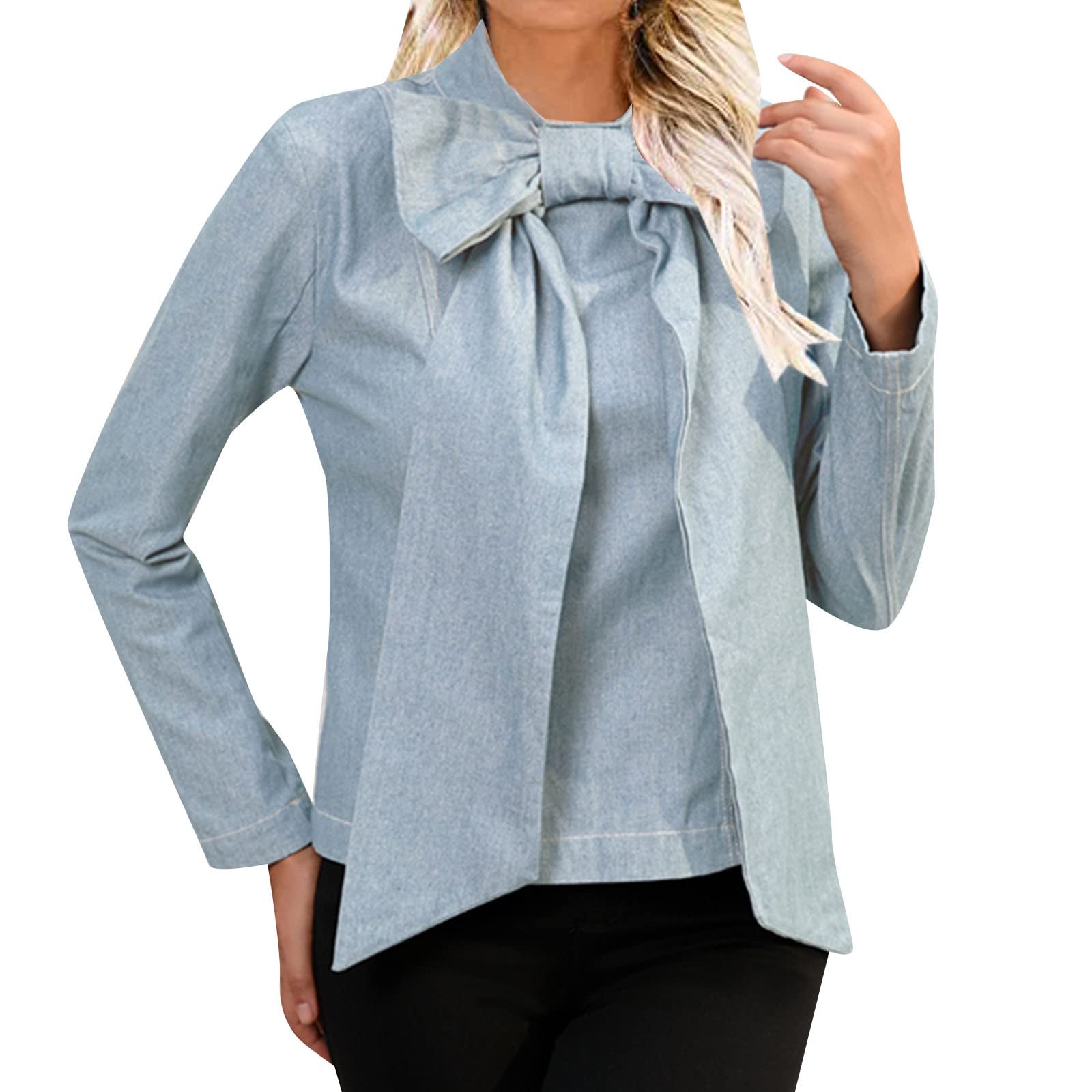 vermersLong Denim Jacket Women Womens Youth Denim Bra Chain Shirt Long Jeans Tunic Bow Top