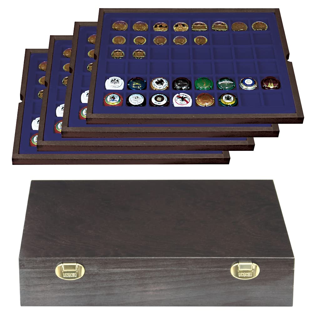 LINDNER Das Original Echtholzkassette Carus mit 4 Tableaus für 192 Münzen/Münzkapseln bis Ø 30 mm oder Champagner-Kapseln