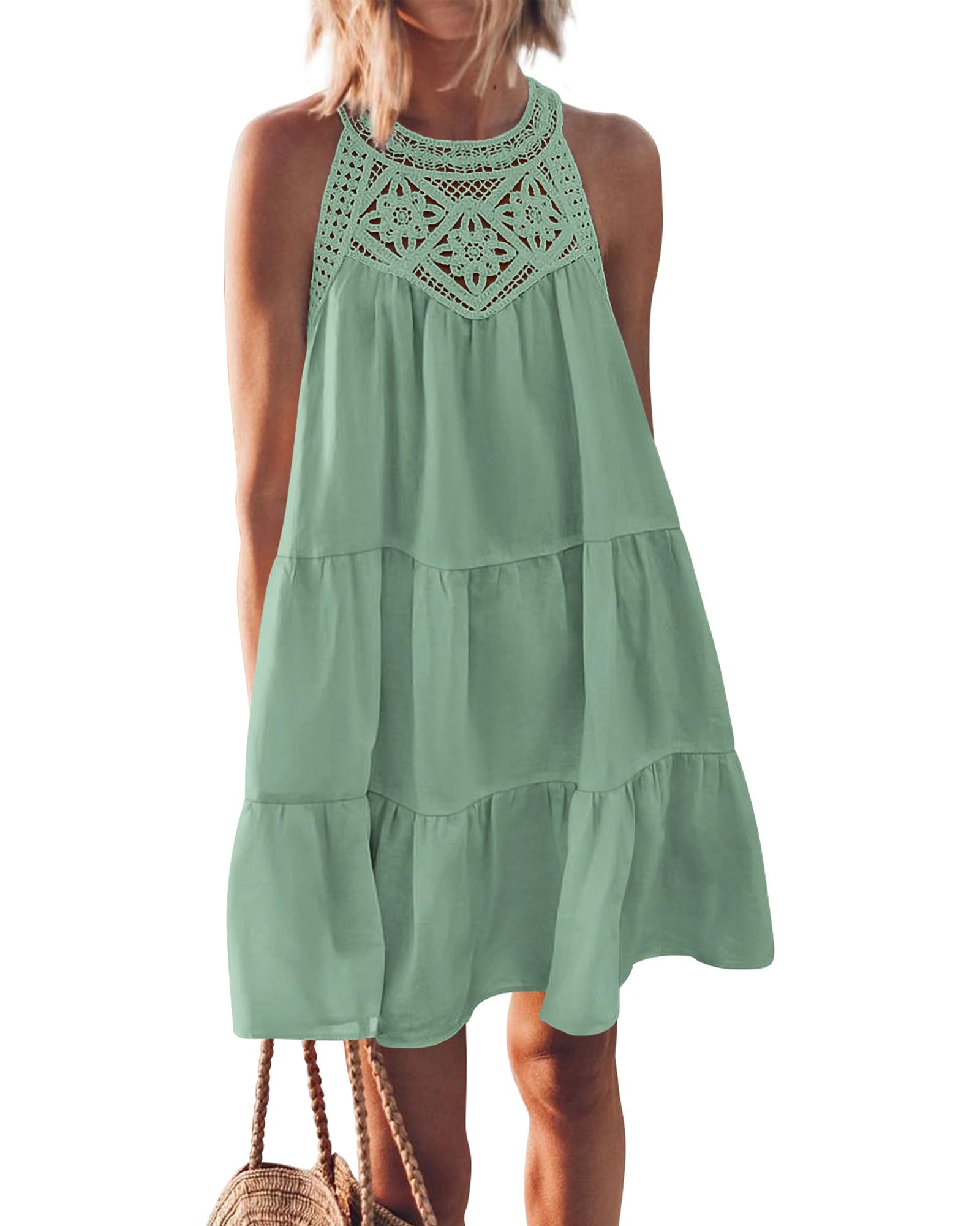 BTFBM Women Summer Dresses 2026 Casual Spring Clothes Sleeveless Halter Neck A-Line Boho Mini Dress Beach Vacation Sundress