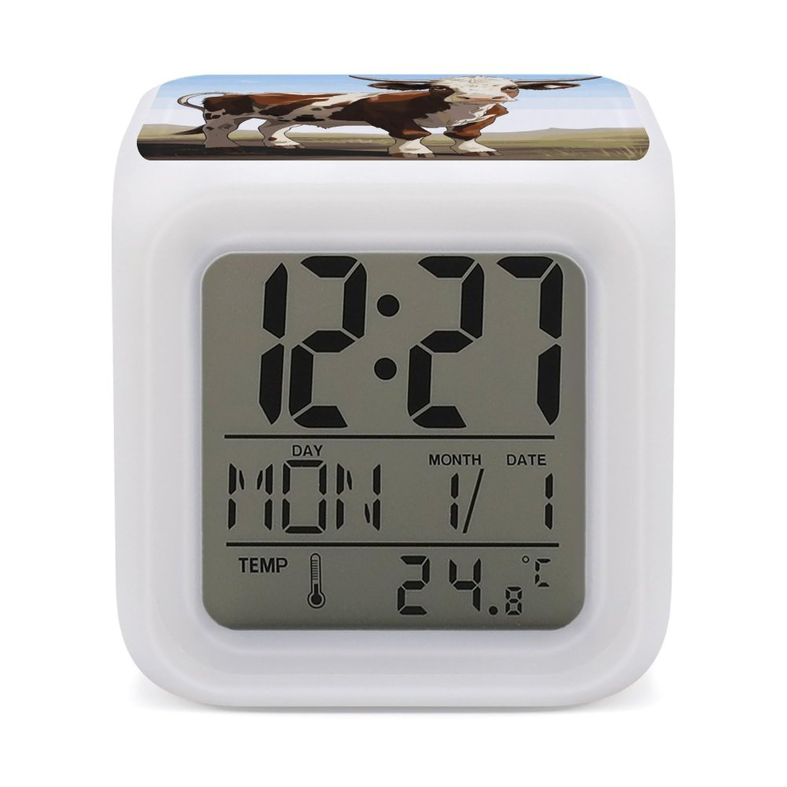 Reloj despertador de vaca LED con 7 colores y luz nocturna infantil
