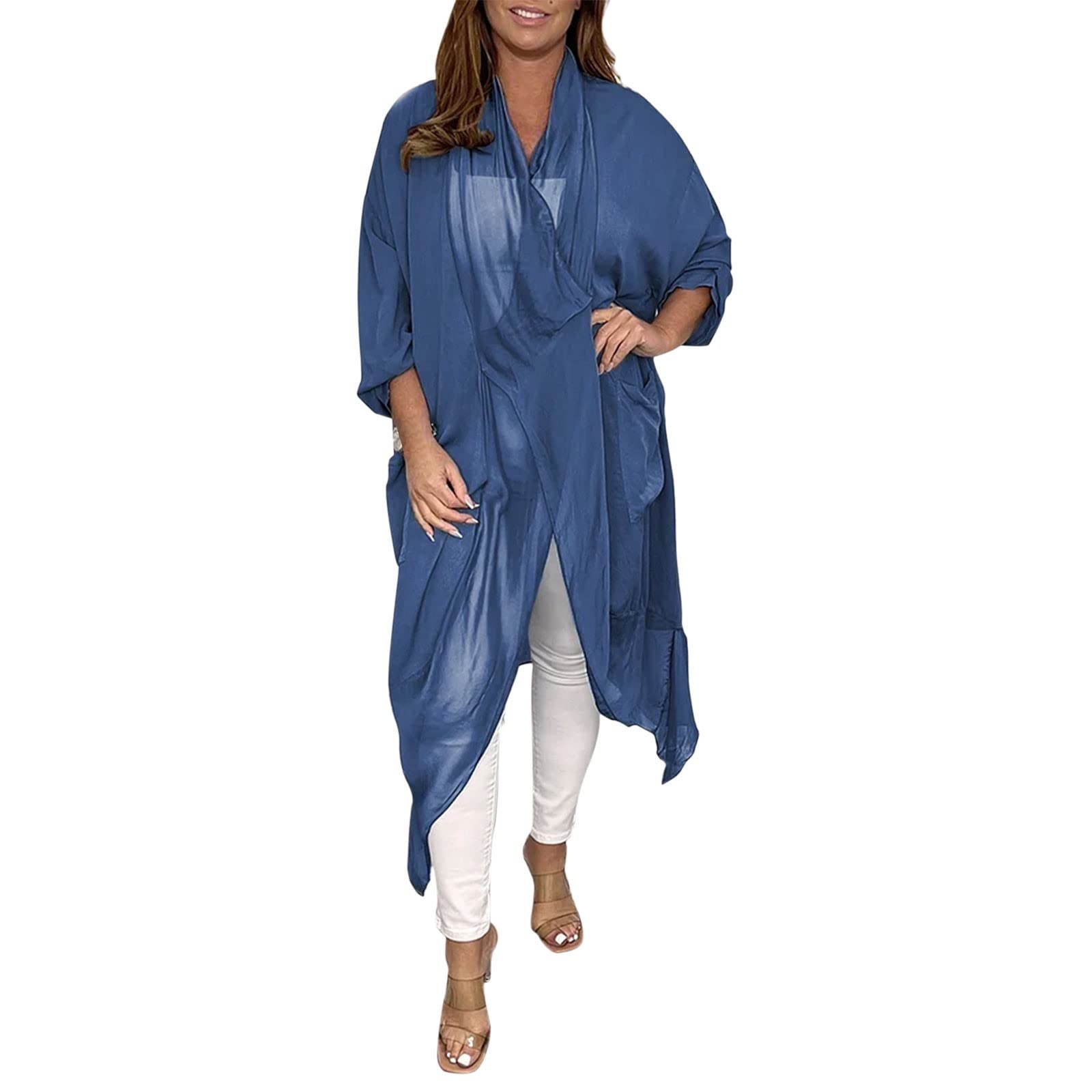 CixNy Cárdigan para mujer de talla grande, kimono cárdigan tops abiertos de color liso suéter ancho de manga larga suéter ligero primavera cárdigan casual suelto
