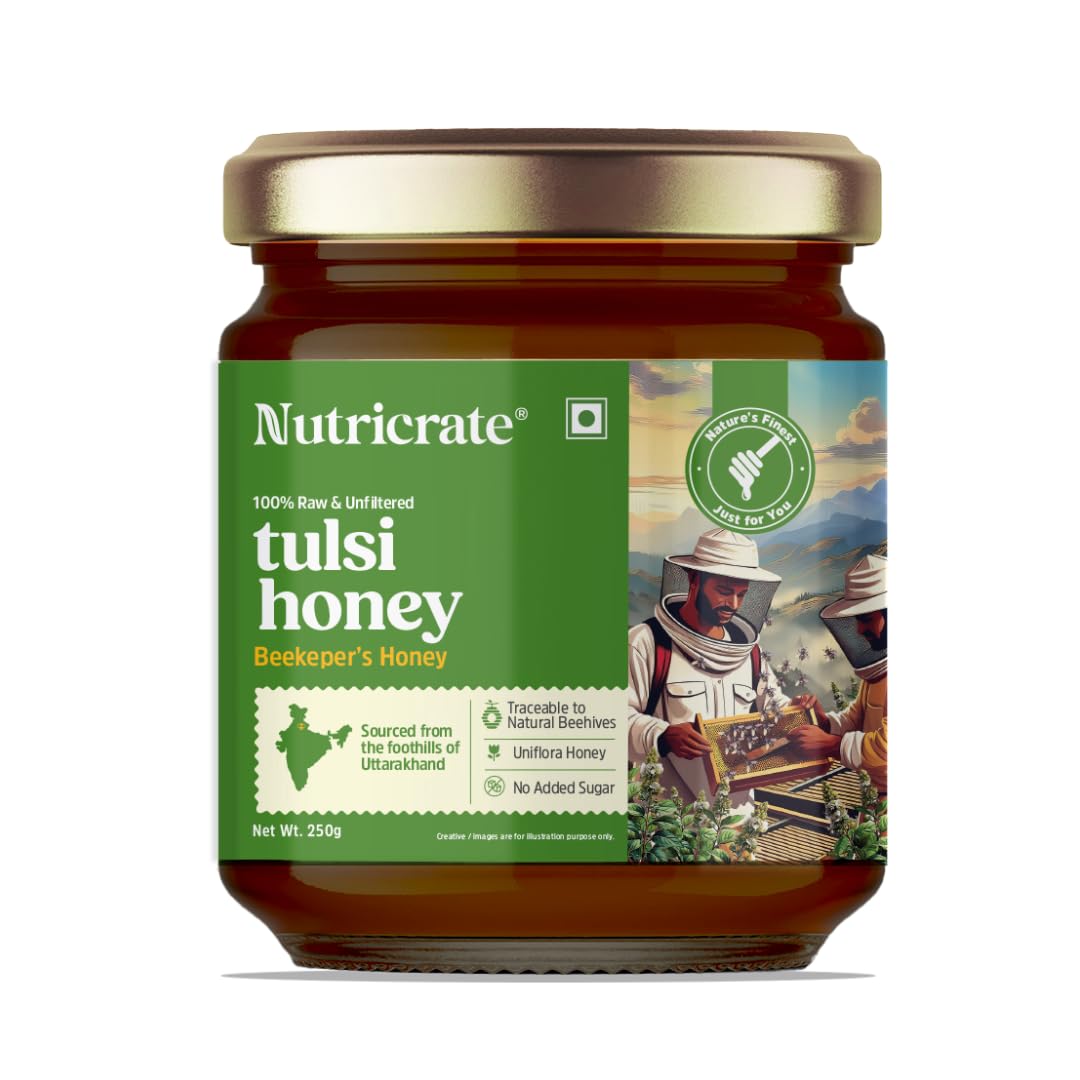 Sponsored Ad - Raw Tulsi Honey - 100% Pure, Natural, Unprocessed, Unheated, Unfiltered, Non-Pasteurized Honey from Tulsi Farmlands of Himalayas Forest - Fine Quality Honey - 250g - Pack of 1