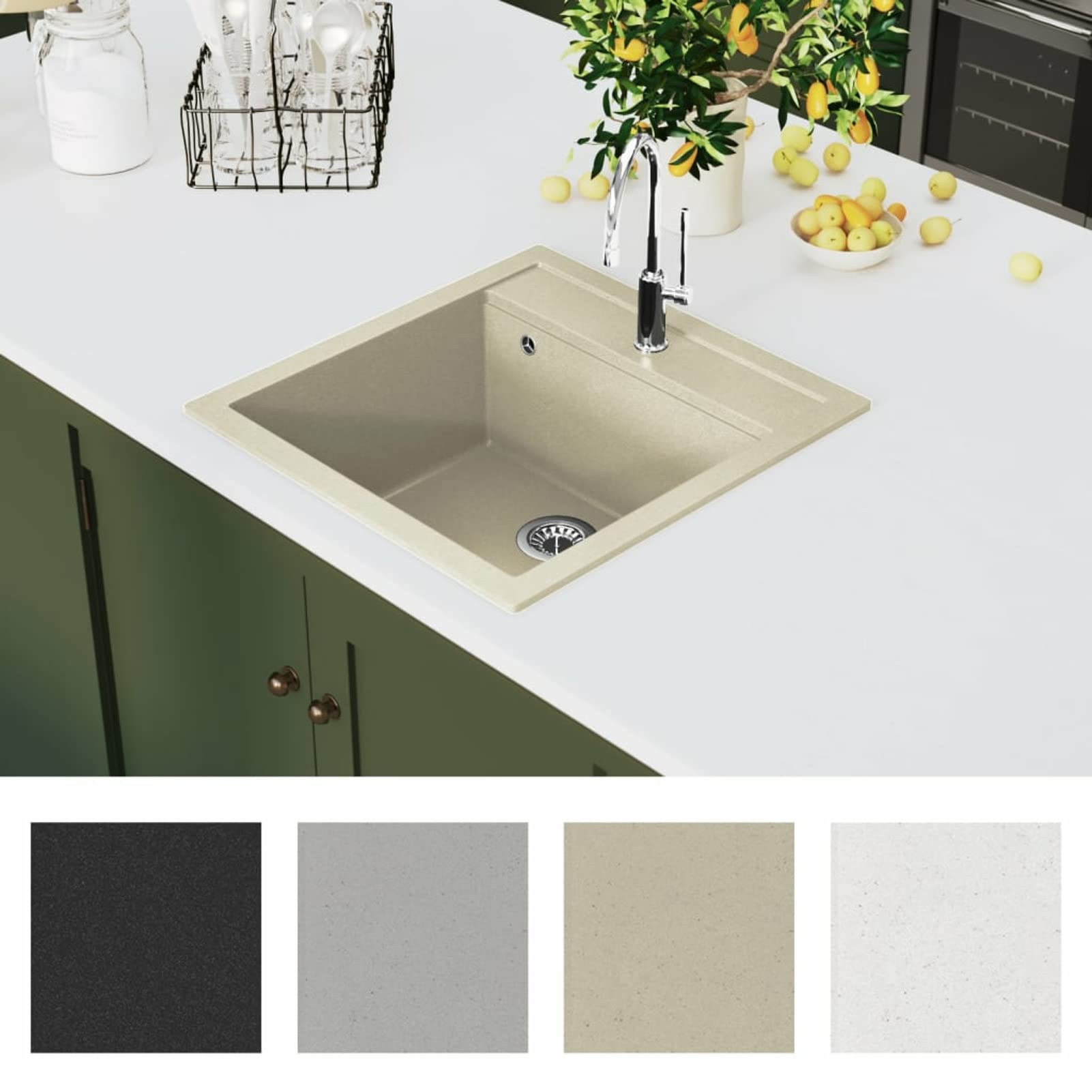 ZEYUAN Fregadero de Cocina de Granito con un Seno, Mueble Pila Lavadero, Pila Fregadero Cocina, Fregadero sobre Encimera, Fregadero Baño Encimera, Picas De Cocina, Beige