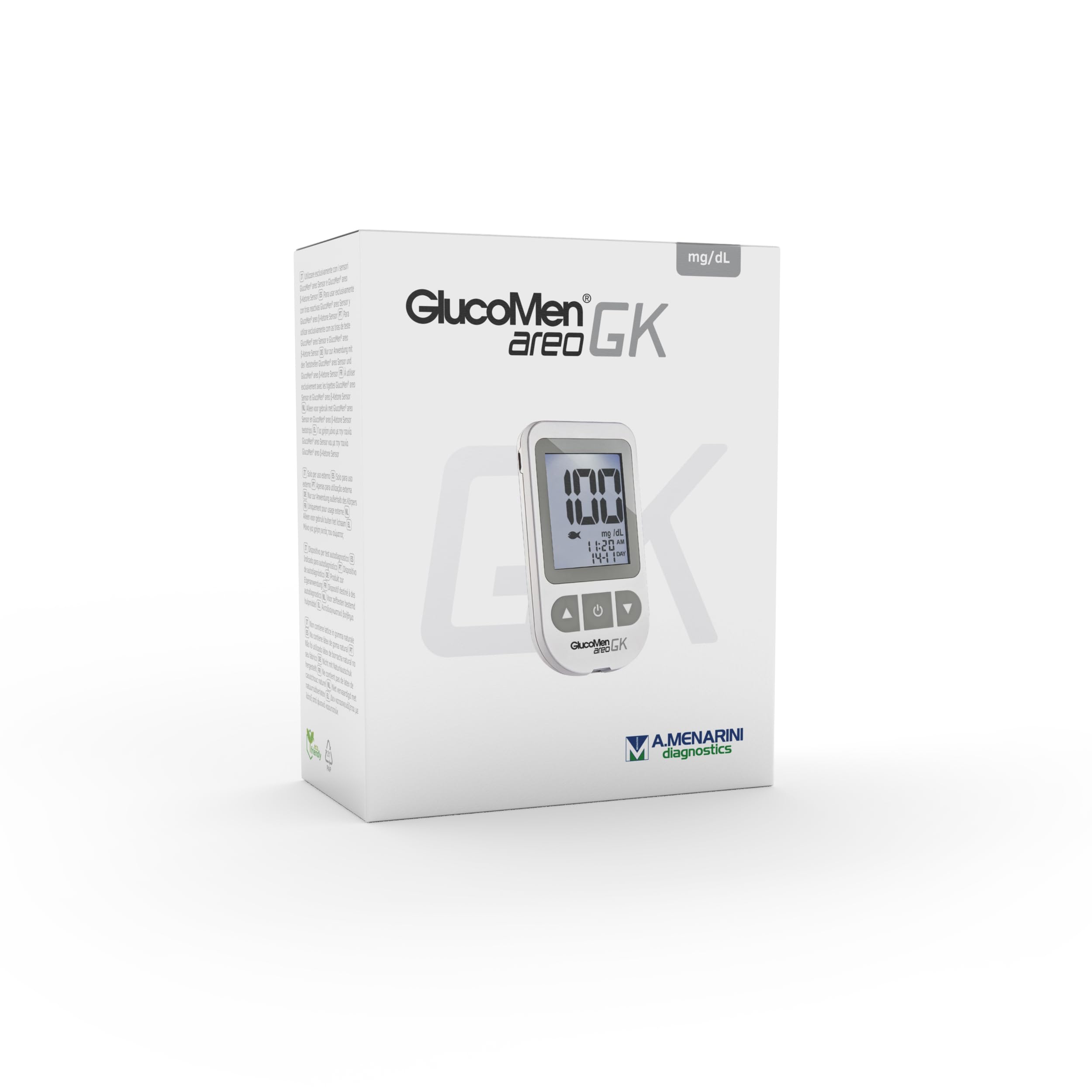 Menarini Diagnostics Strumento per la Misurazione del Glucosio nel Sangue GlucoMen Areo GK Meter Set NO VRAC - Glucometro, Misuratore Glicemia e Chetonemia (Risultato in 5-8 Secondi)
