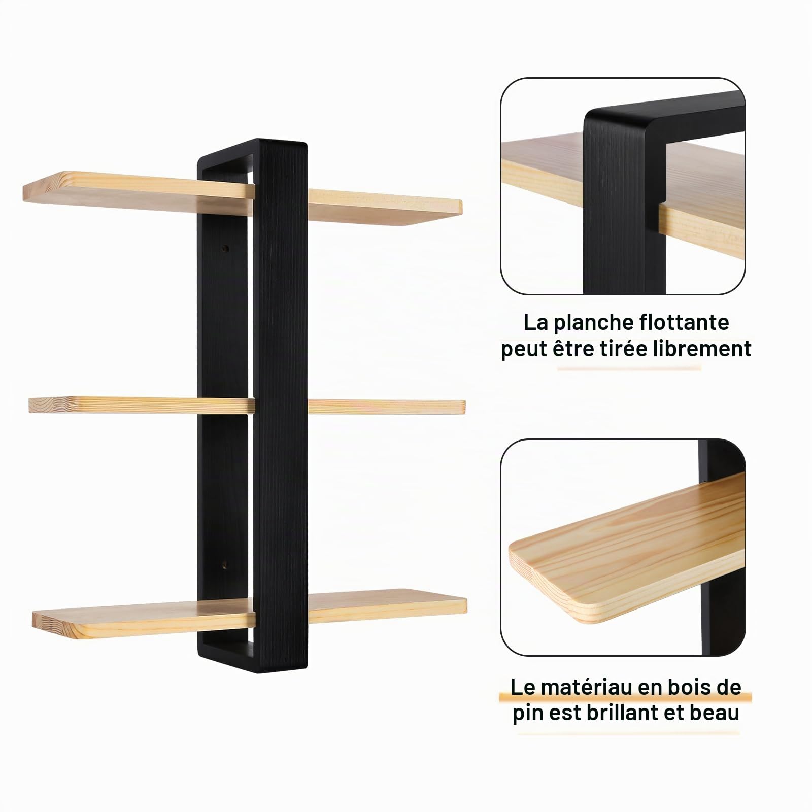 HUOLE Étagère Murale Industrielle en Acier pour Tuyaux en Bois Étagère Suspendue Bibliothèque Étagère de Rangement à 3 Niveaux pour Cuisine, Salon, Chambre à Coucher, 58 * 50 * 16cm-Noir (2pc)