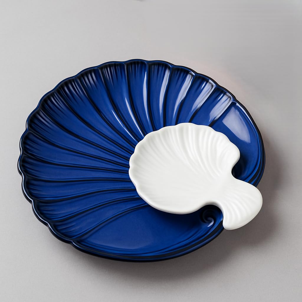 IZZYLYF ‘Blue Sea Shell’ Ceramic Platter with Dip Dish Bowl - 28 cm (Set of 1) | Serving Platter Tray for Snacks, Starters, Fruits, Salads & Appetizers | Microwave & Dishwasher Safe Platters for Home