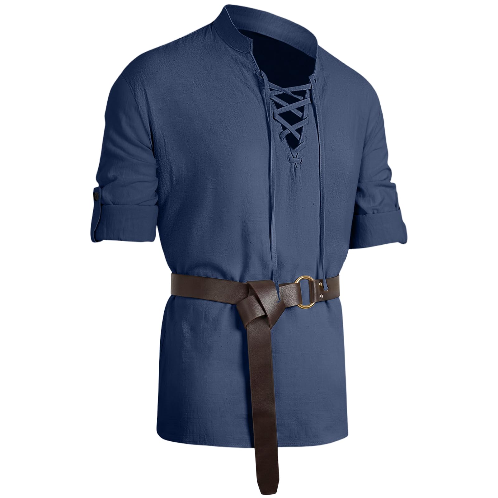 BSBUY Men's Medieval Shirt with Belt Retro Lace-Up Top Medieval Vintage Costume for Renaissance Pirate Viking Medieval(Navy Blue-XXL)
