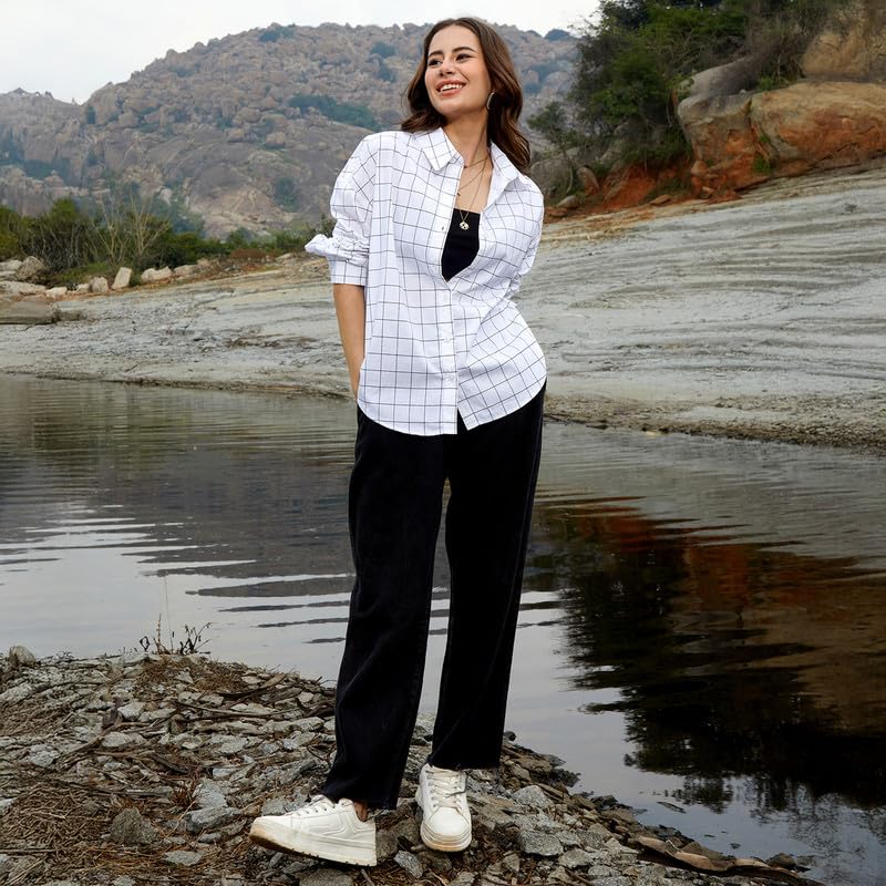 Image of PINACOLADA Women's Solid Oversized Shirt for Casual Wear | Spread Collar | Long Sleeve | Button Closure | Oversized Shirt Crafted with Comfort Fit for Everyday Wear