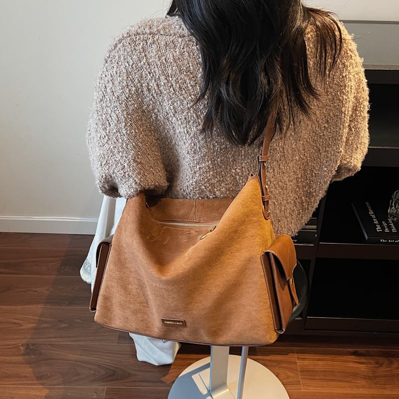 Slouchy Hobo Bag for Women, Faux Suede Satchel Tote Bag, Large Brown Purse with Compartments3