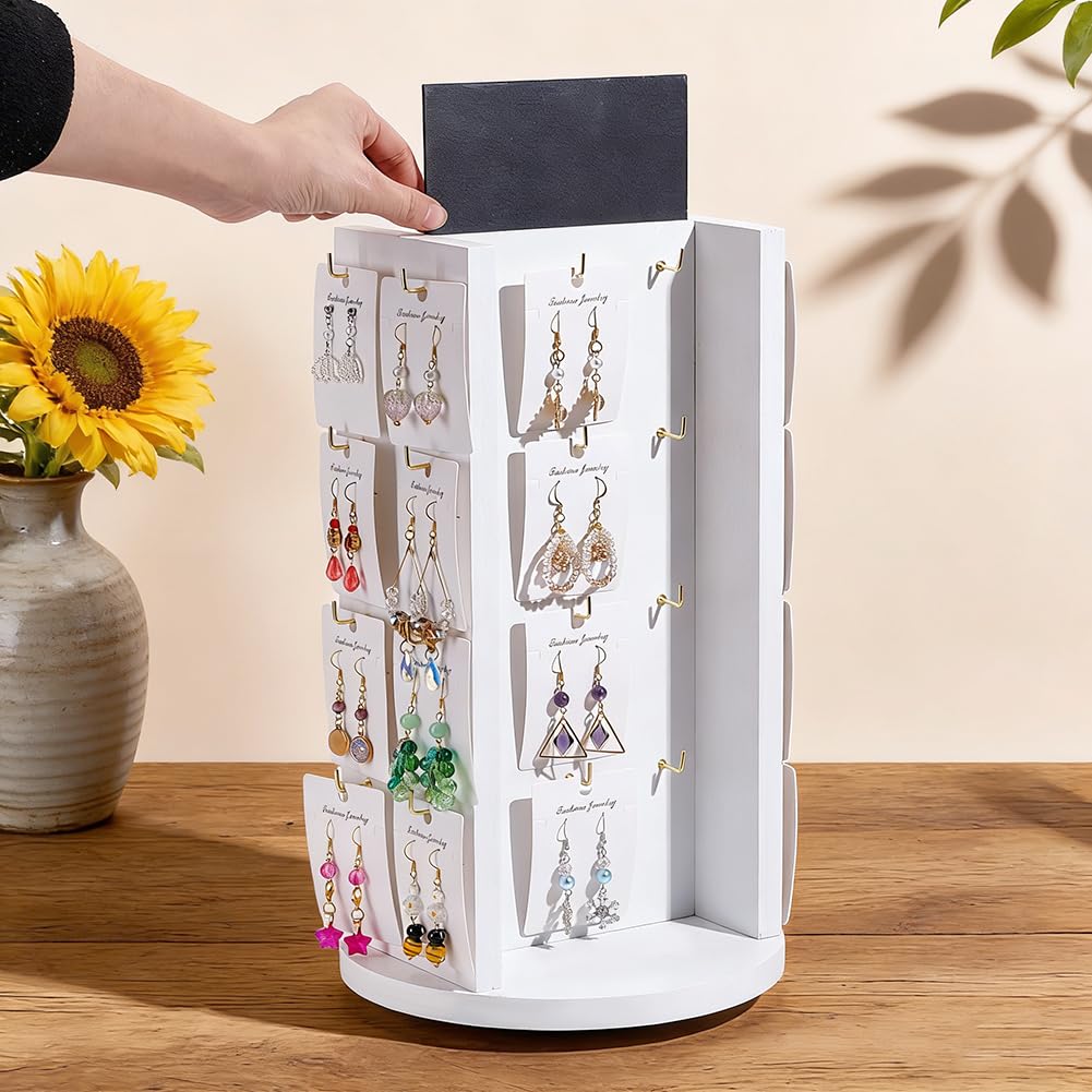 PH PandaHall Espositore per orecchini girevole in legno per vendita tour di presentazione di gioielli espositore per orecchini bianco con pannello pubblicitario per venditore, 41 ganci, 22 x 45 cm