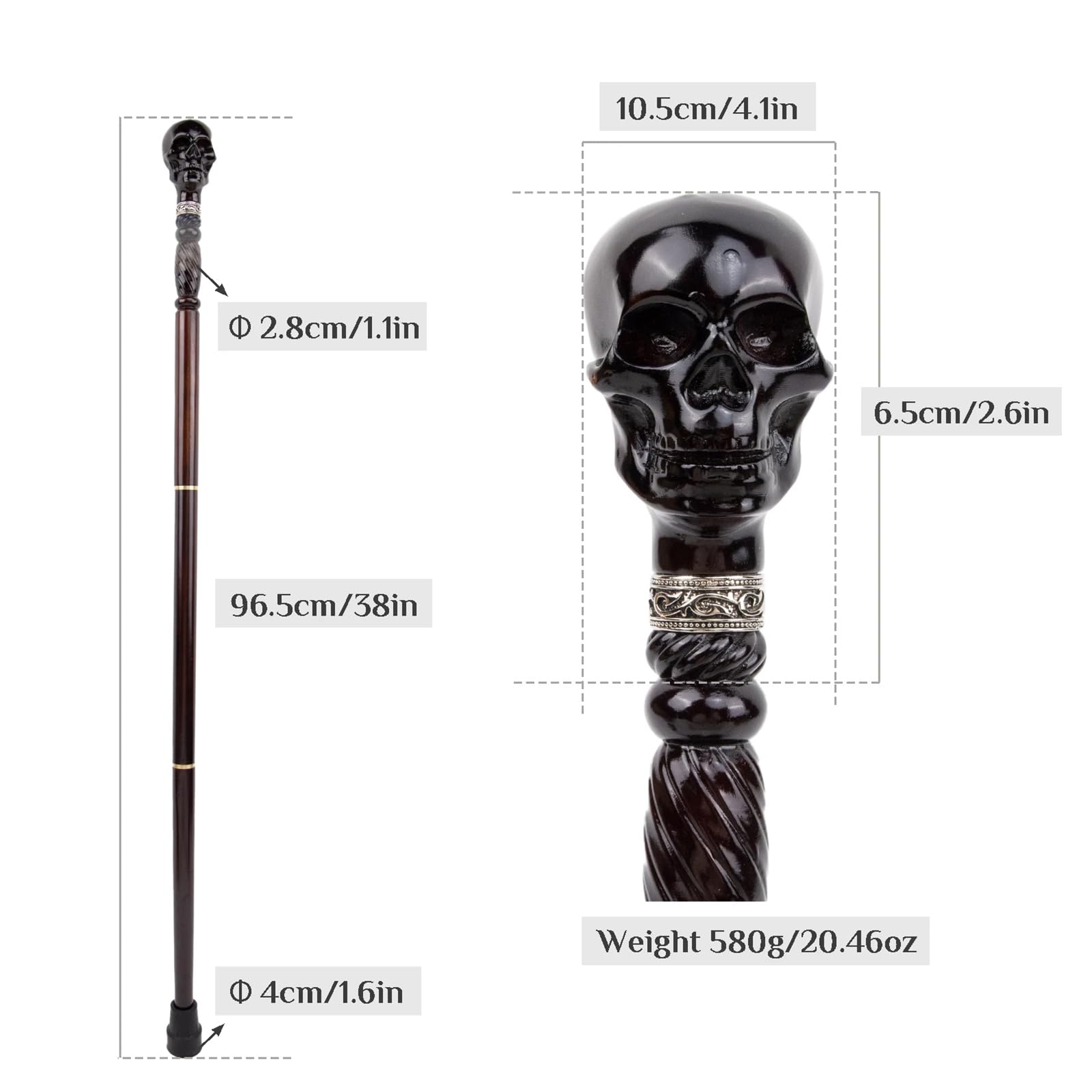 Bastón de madera con calavera negra, bastón decorativo gótico con mango ergonómico para personas mayores de 93 cm